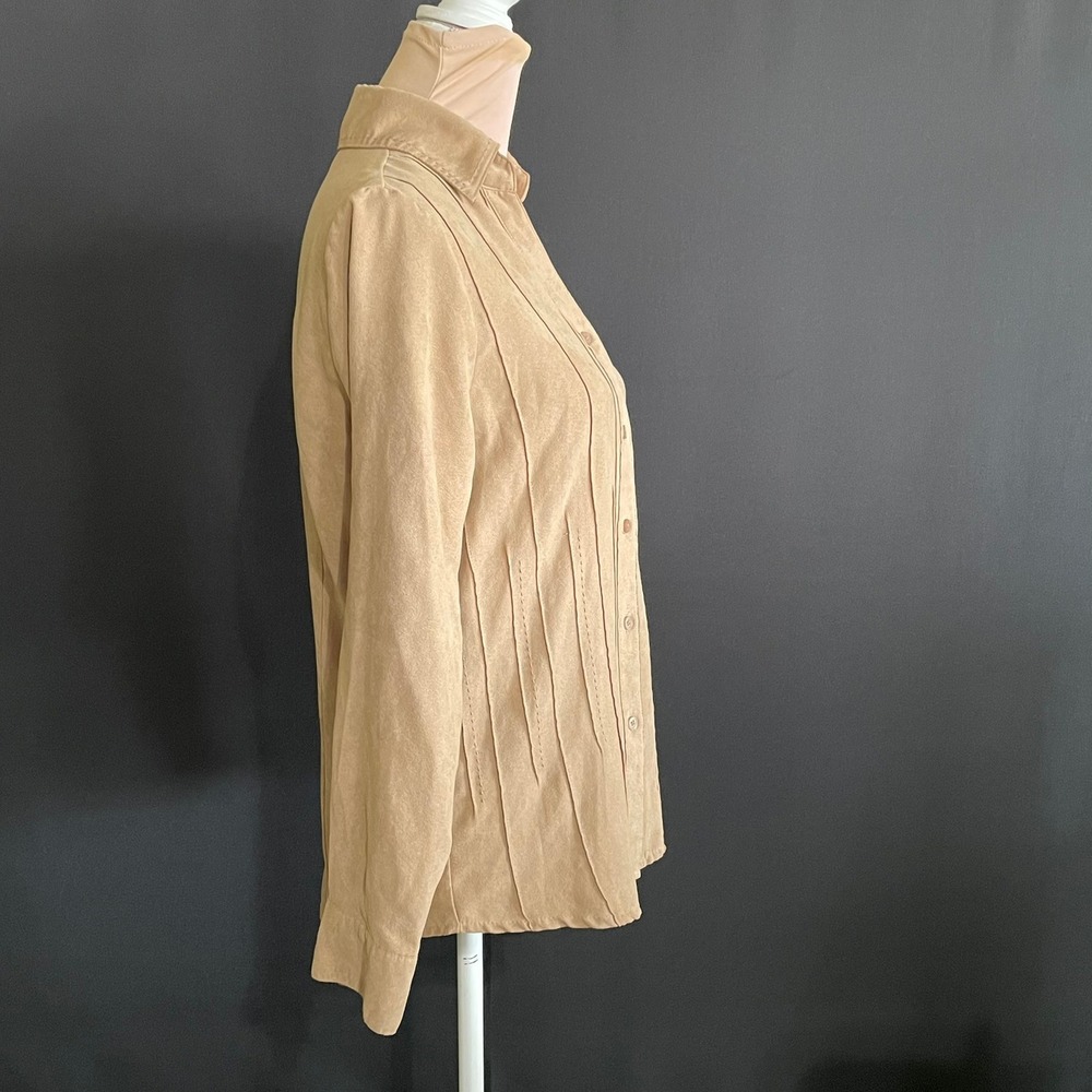 Notations Button Down Shirt Women Small Tan Good Pintuck Faux Suede MSDB0101 - Picture 3 of 9